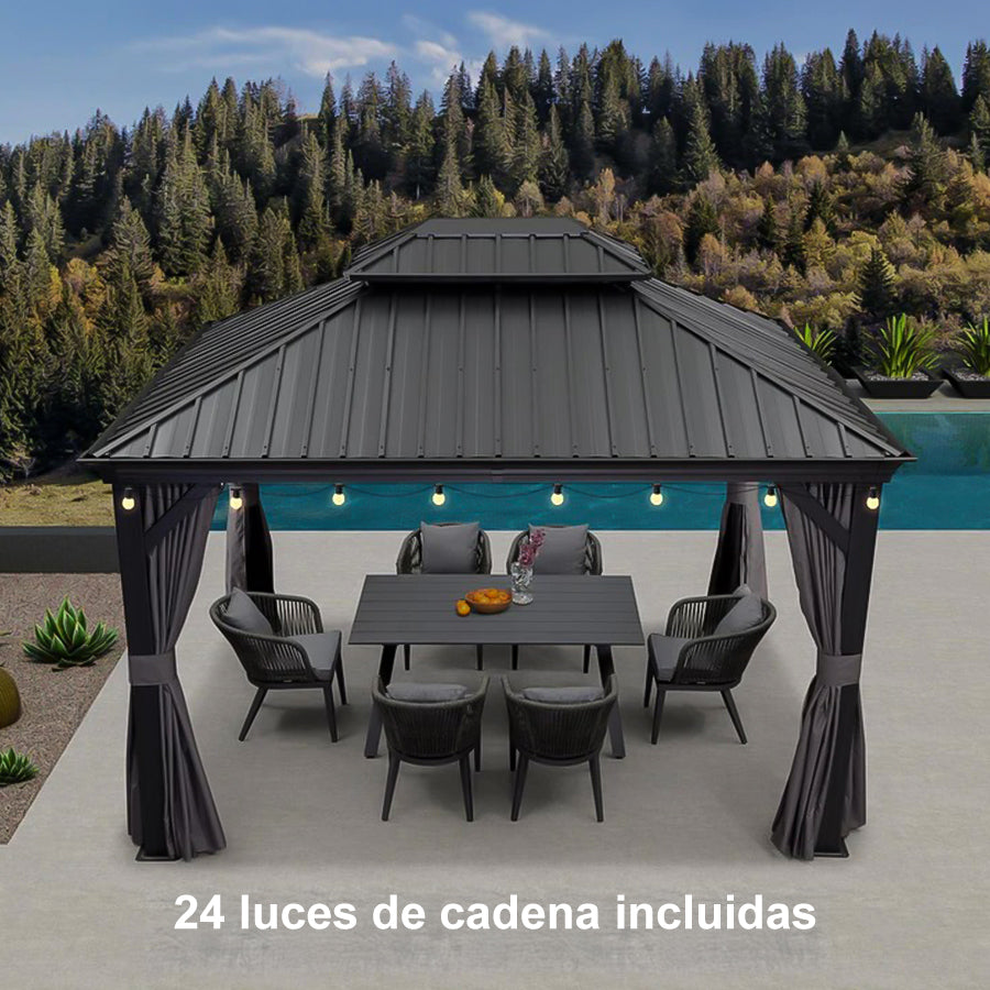 PURPLE LEAF Cenador de Aluminio para Jardín y Terraza con Luz LED Cálida Techo de Acero Galvanizado Cortinas y Mosquiteras Gris