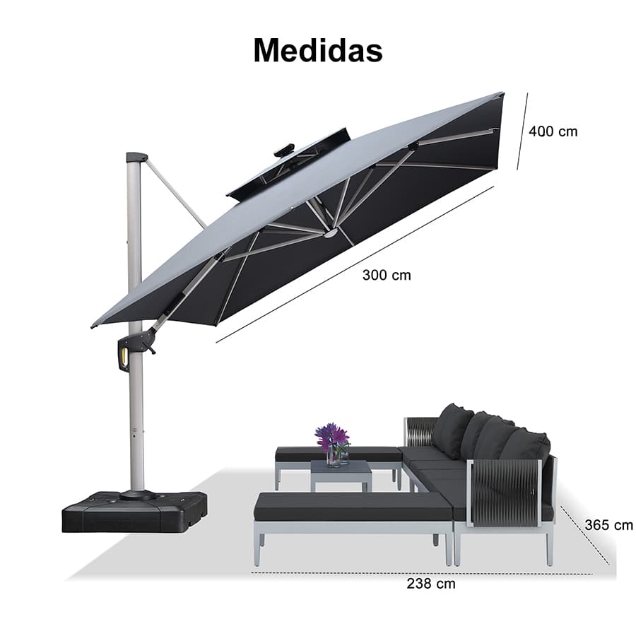 PURPLE LEAF Sombrilla rectangular de doble techo de aluminio con luces LED, ideal para balcón y jardín