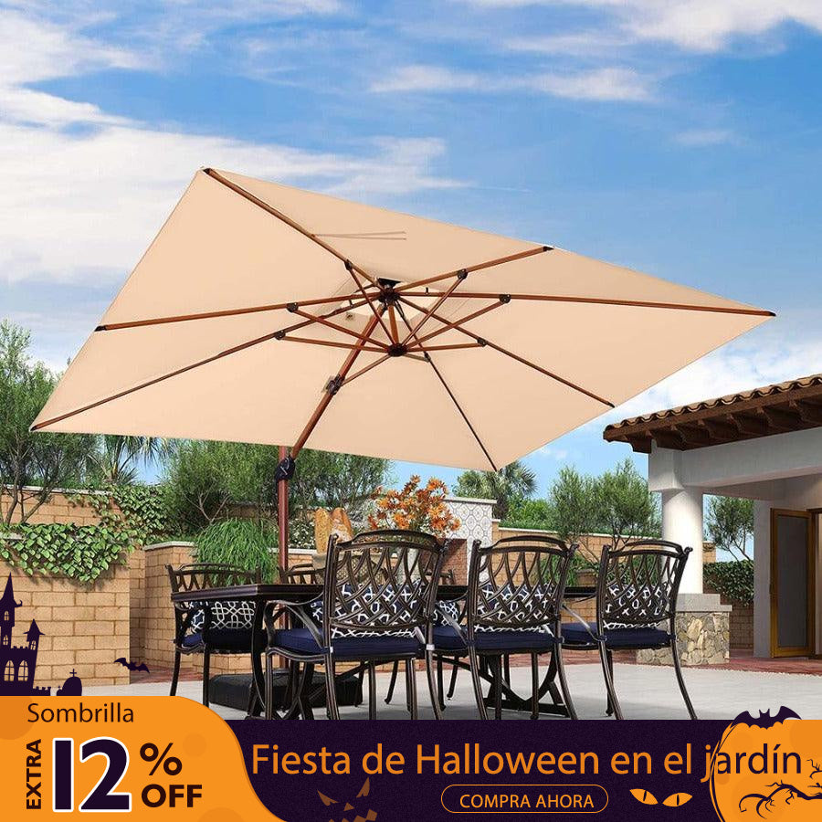PURPLE LEAF Sombrilla de jardín cuadrada de aluminio con doble techo y acabado en madera