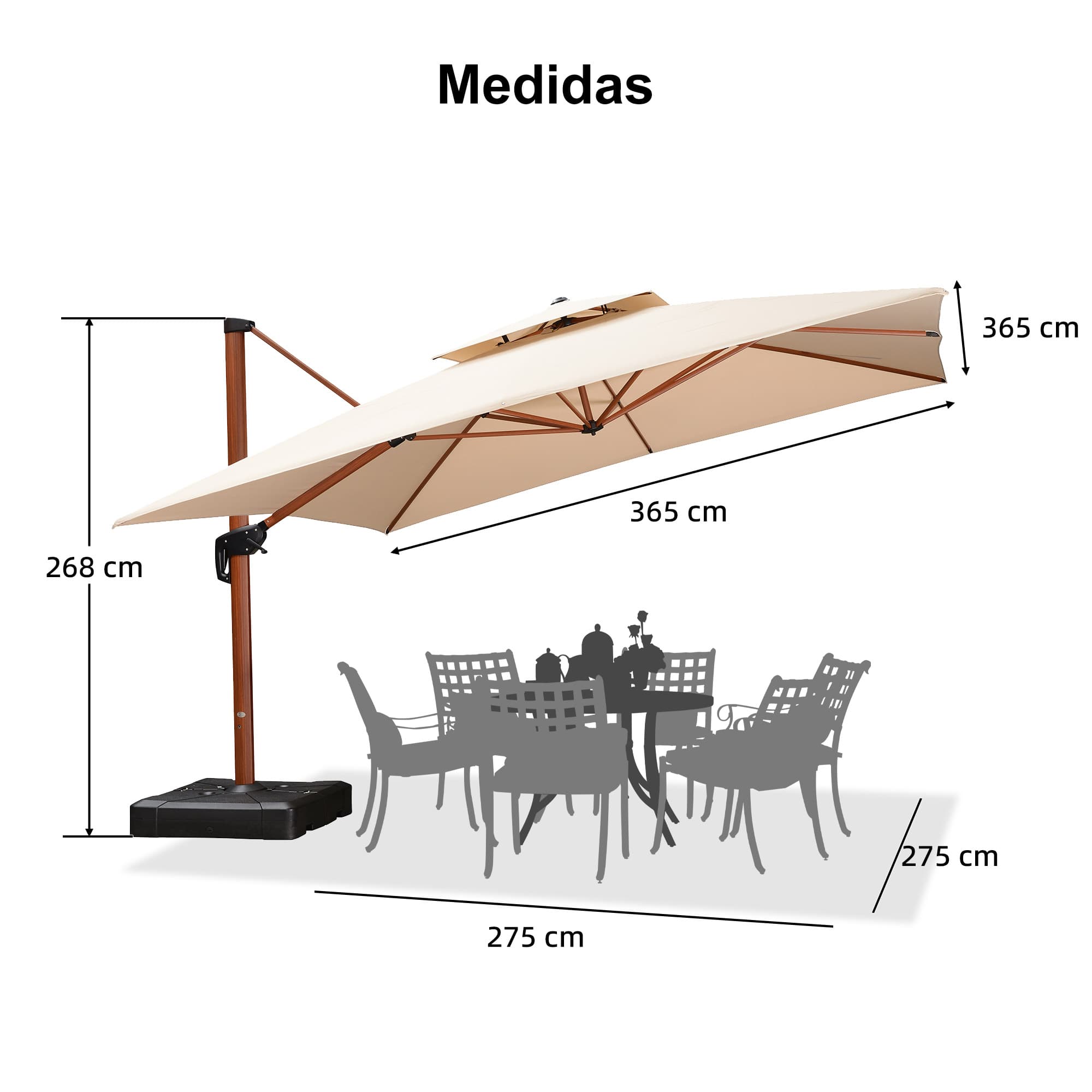 PURPLE LEAF Sombrilla de jardín cuadrada de aluminio efecto madera con doble techo para exteriores