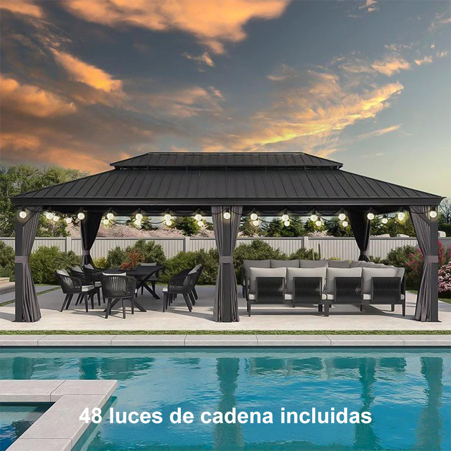 PURPLE LEAF Cenador de Aluminio para Jardín y Terraza con Luz LED Cálida Techo de Acero Galvanizado Cortinas y Mosquiteras Gris