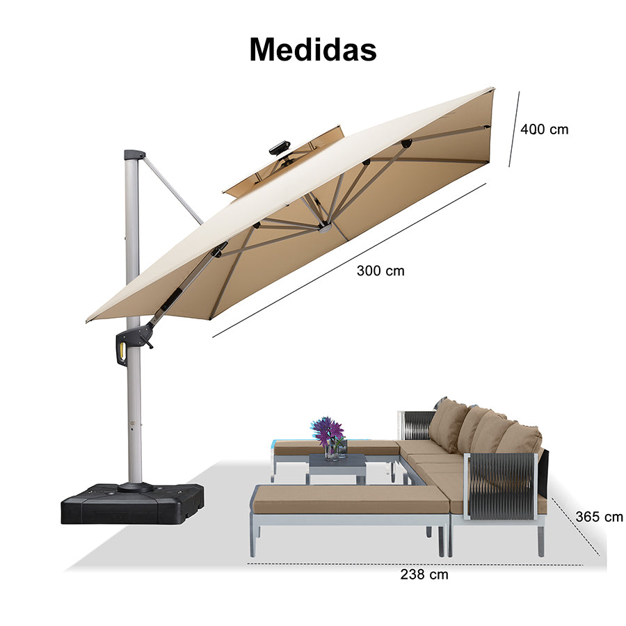 PURPLE LEAF Sombrilla rectangular de doble techo de aluminio con luces LED, ideal para balcón y jardín