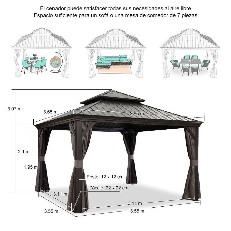 PURPLE LEAF Aluminio Cenador Jardin Cenadores Techo De Acero Galvanizado con Cortinas Y Mosquiteras para Exterior Terraza Gris