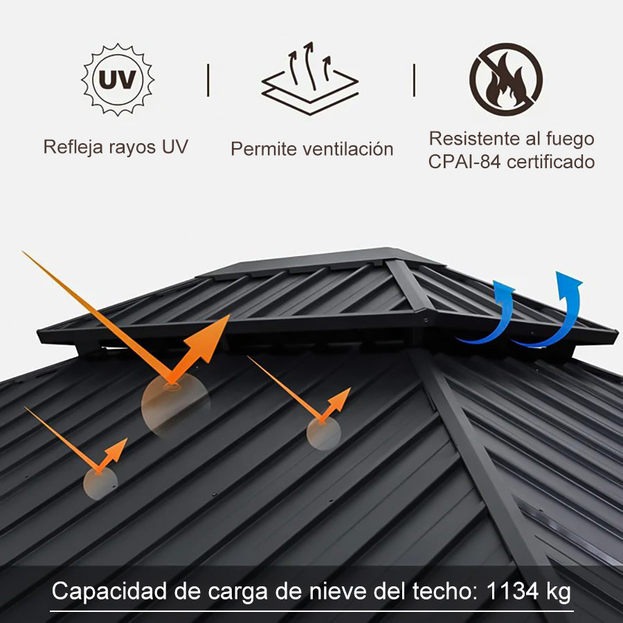 PURPLE LEAF Cenador de Jardín y Terraza de Aluminio con Luz LED Neutra, Techo de Acero Galvanizado, Cortinas y Mosquiteras, Color Gris