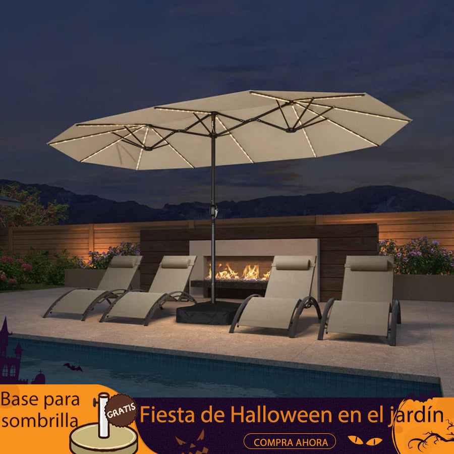 PURPLE LEAF Sombrilla de doble cara con iluminación LED con base incluida para exteriores
