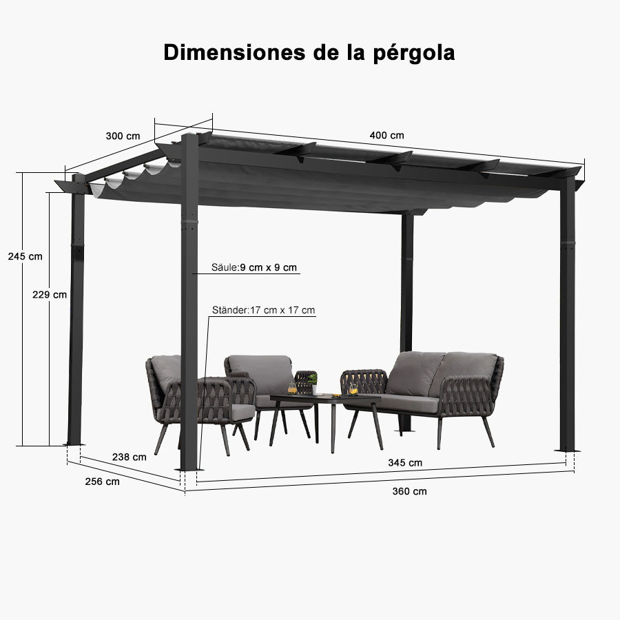 PURPLE LEAF Pérgola retráctil de aluminio para exteriores con techo protector solar, terraza, refugio para el patio trasero, pabellón metálico para barbacoa