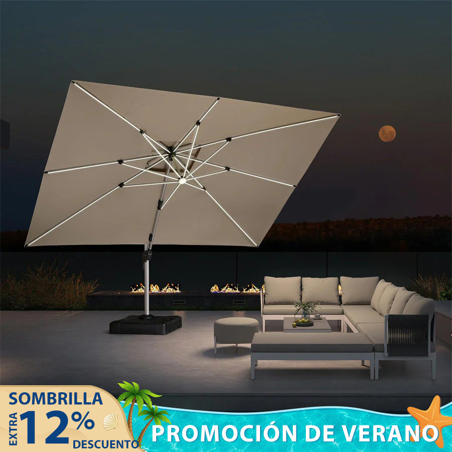 PURPLE LEAF Sombrilla rectangular de doble techo de aluminio con luces LED, ideal para balcón y jardín