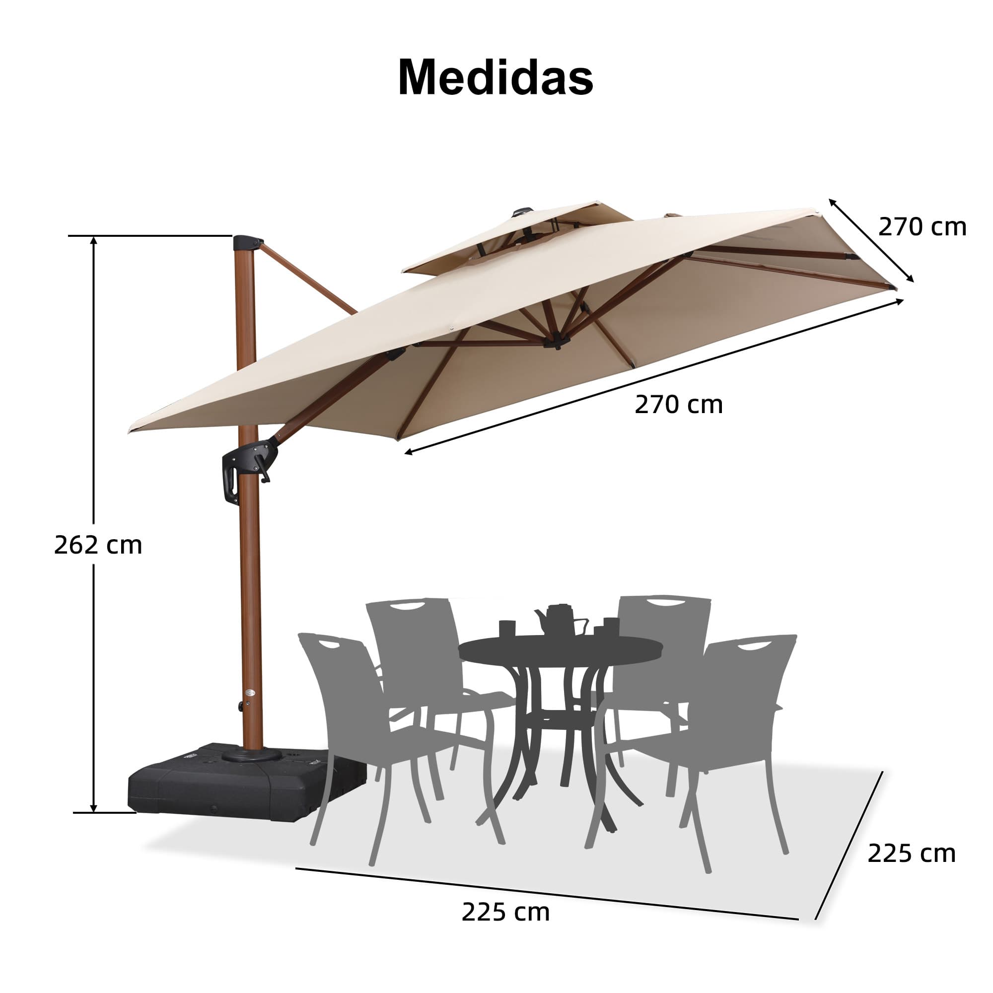 PURPLE LEAF Sombrilla de jardín cuadrada de aluminio efecto madera con doble techo para exteriores