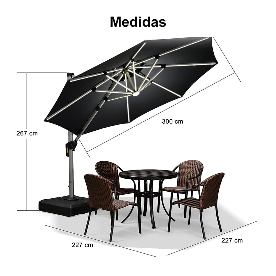 PURPLE LEAF Sombrilla excéntrico redondo con luces LED solares y rotación de 360°, ideal para jardín y terraza