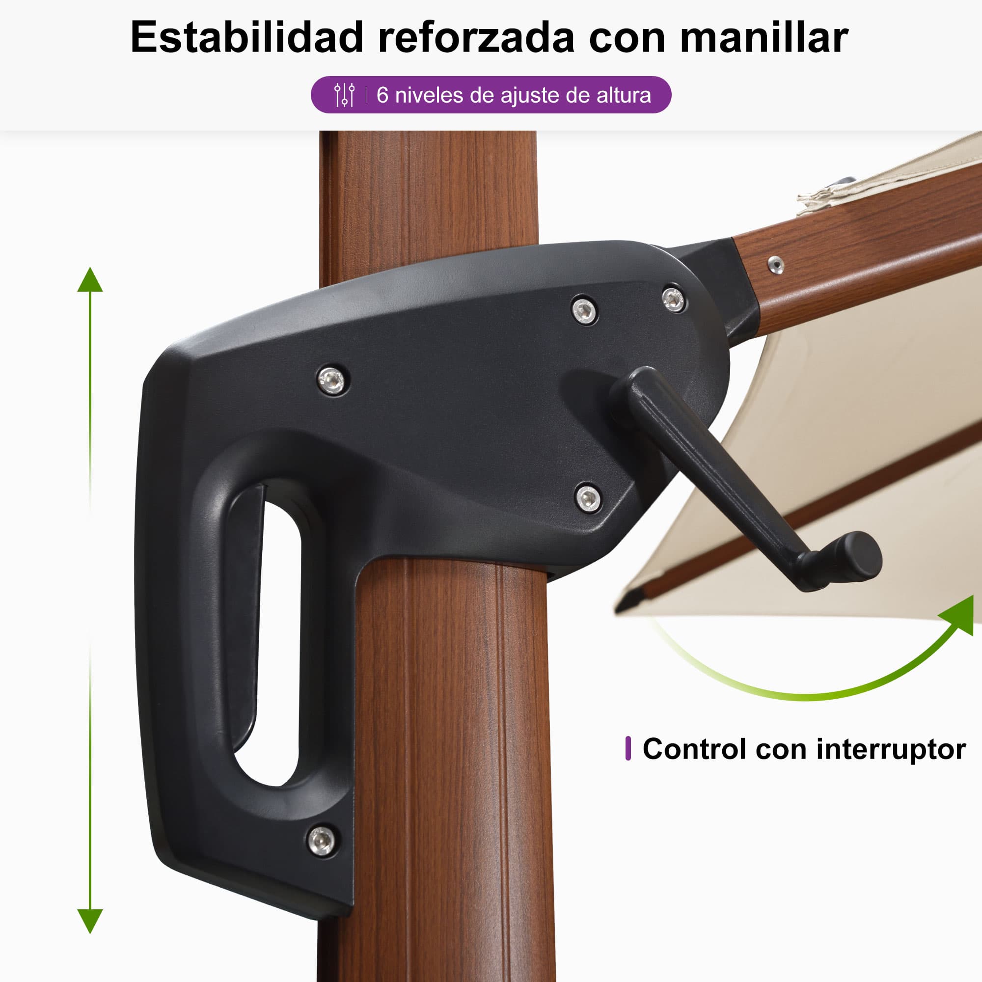 PURPLE LEAF Sombrilla de jardín cuadrada de aluminio efecto madera con doble techo para exteriores