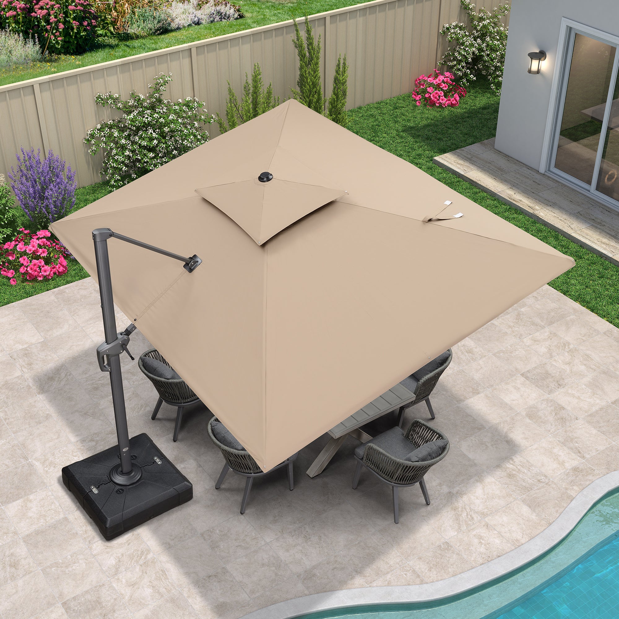 PURPLE LEAF Sombrilla Giratoria 360° con Marco en Gris Negro, Disponible en Diseño Cuadrado o Rectangular para Jardín y Terraza