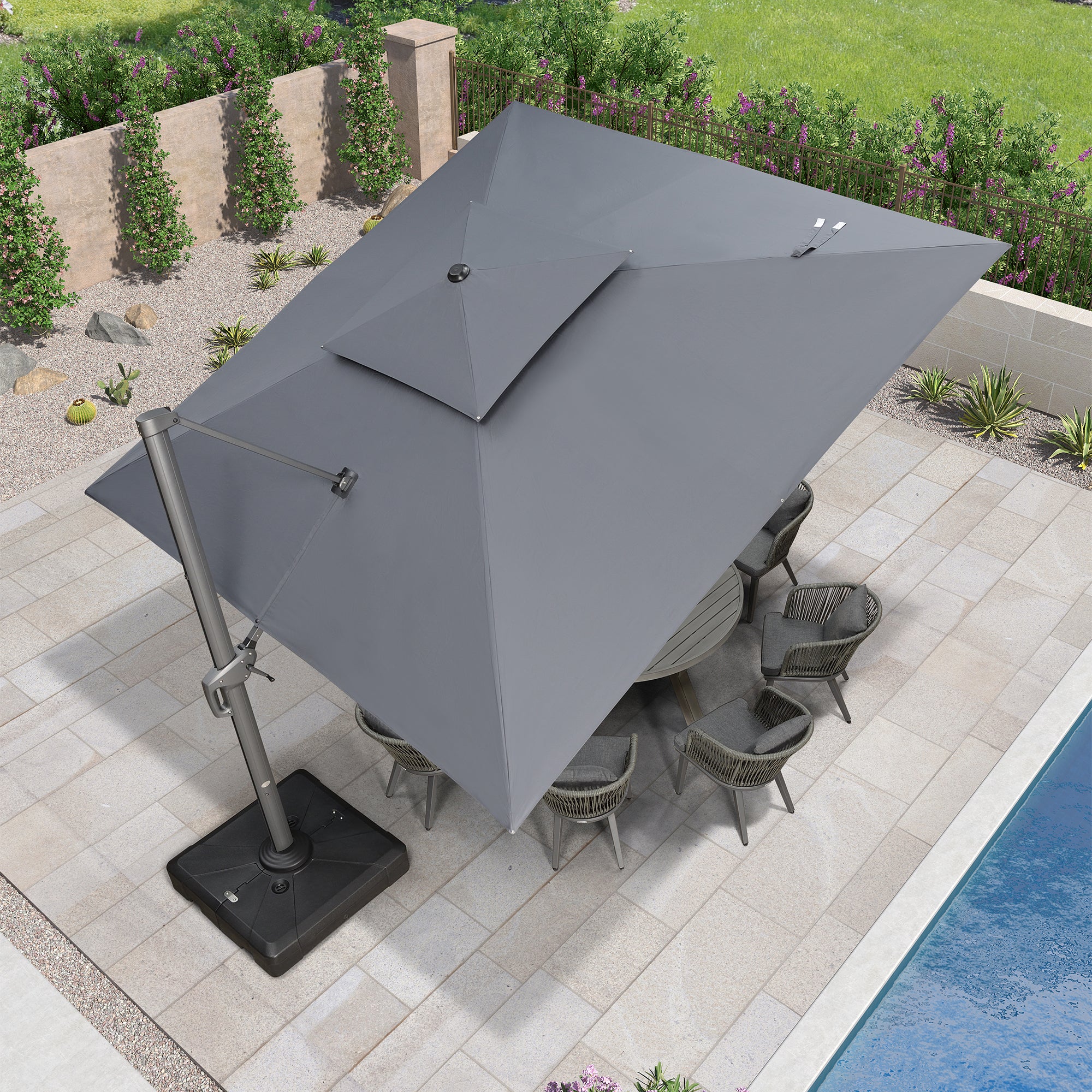 PURPLE LEAF Sombrilla Giratoria 360° con Marco en Gris Negro, Disponible en Diseño Cuadrado o Rectangular para Jardín y Terraza