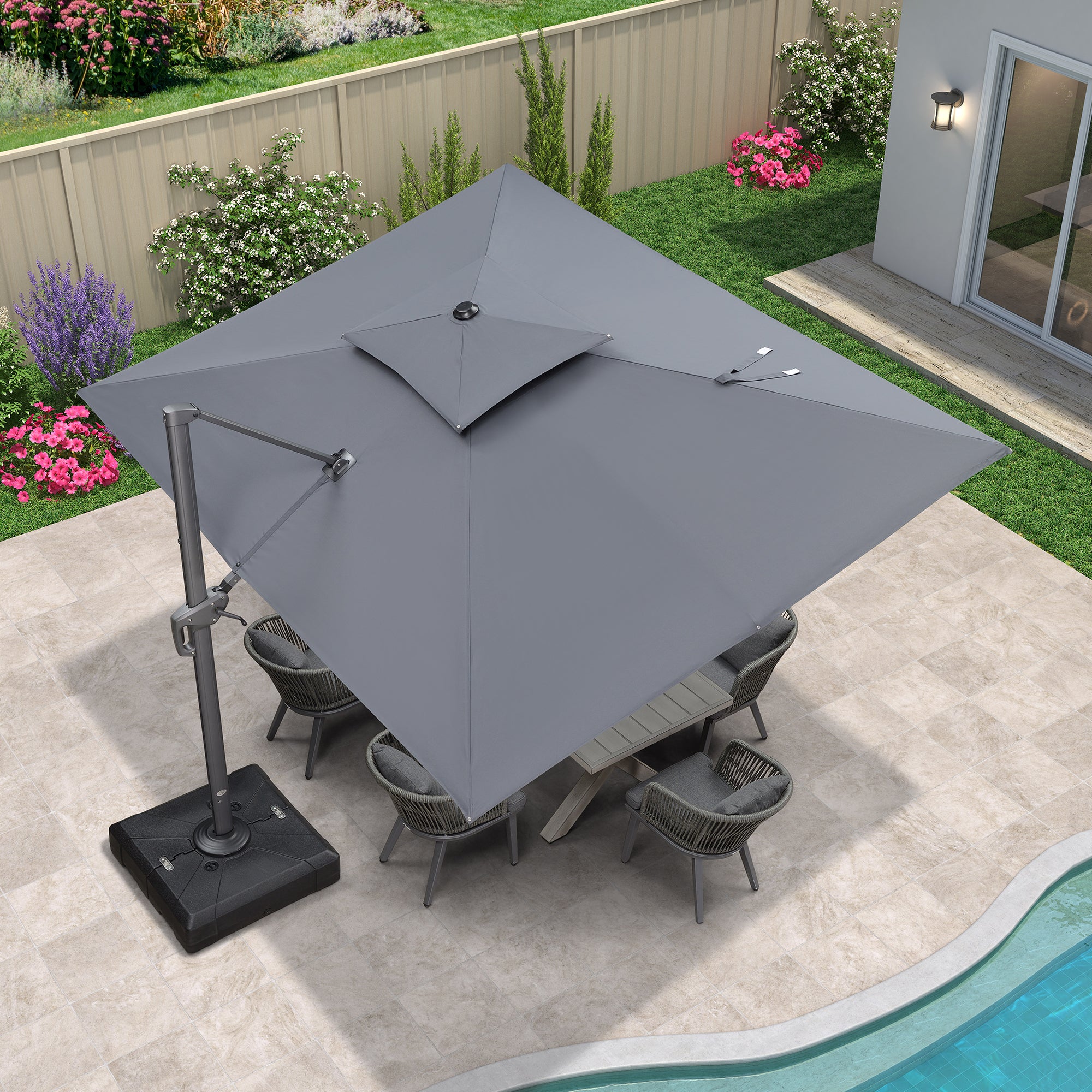 PURPLE LEAF Sombrilla Giratoria 360° con Marco en Gris Negro, Disponible en Diseño Cuadrado o Rectangular para Jardín y Terraza