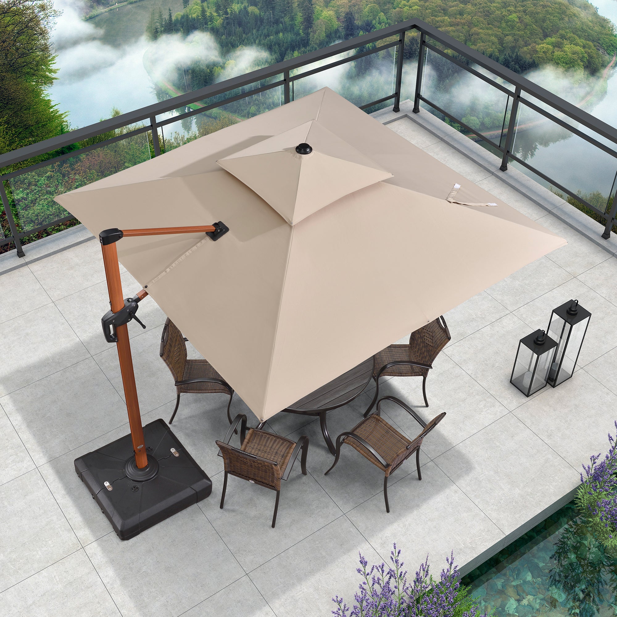 PURPLE LEAF Sombrilla de jardín cuadrada de aluminio efecto madera con doble techo para exteriores