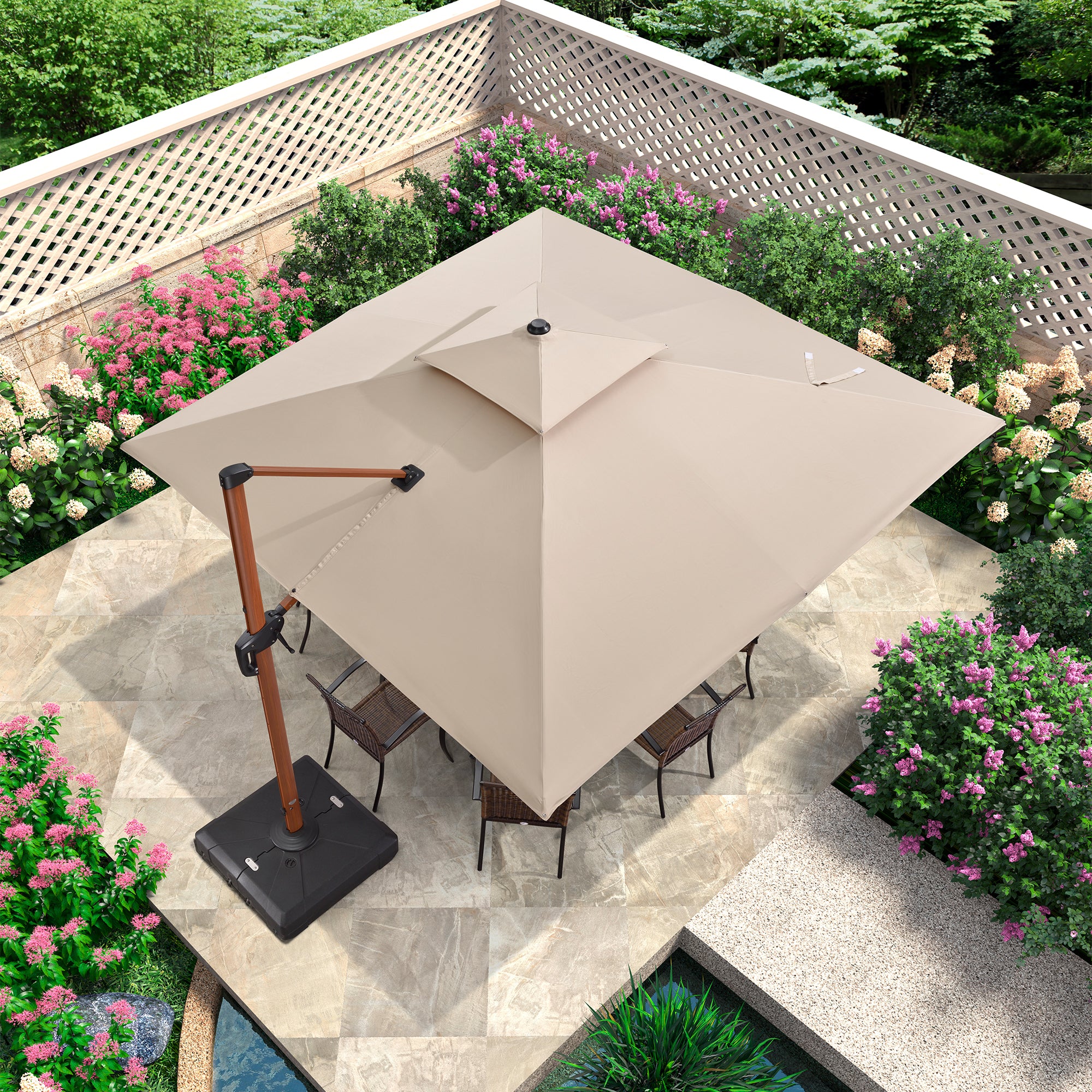 PURPLE LEAF Sombrilla de jardín cuadrada de aluminio efecto madera con doble techo para exteriores
