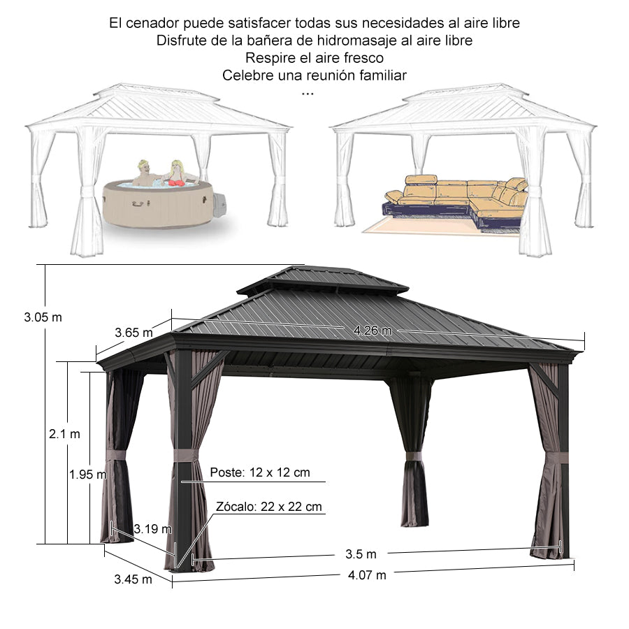 PURPLE LEAF Aluminio Cenador Jardin Cenadores Techo De Acero Galvanizado con Cortinas Y Mosquiteras para Exterior Terraza Gris