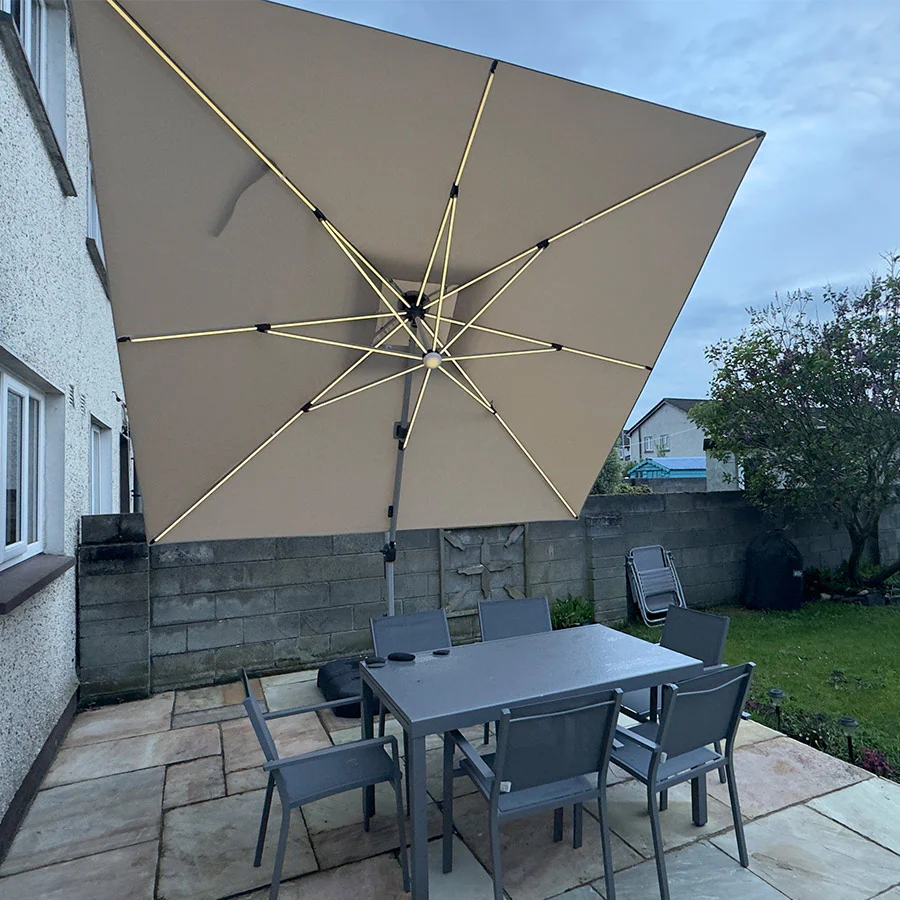 PURPLE LEAF Sombrilla cuadrada de doble cubierta con luces LED solares, ideal para jardín y terraza