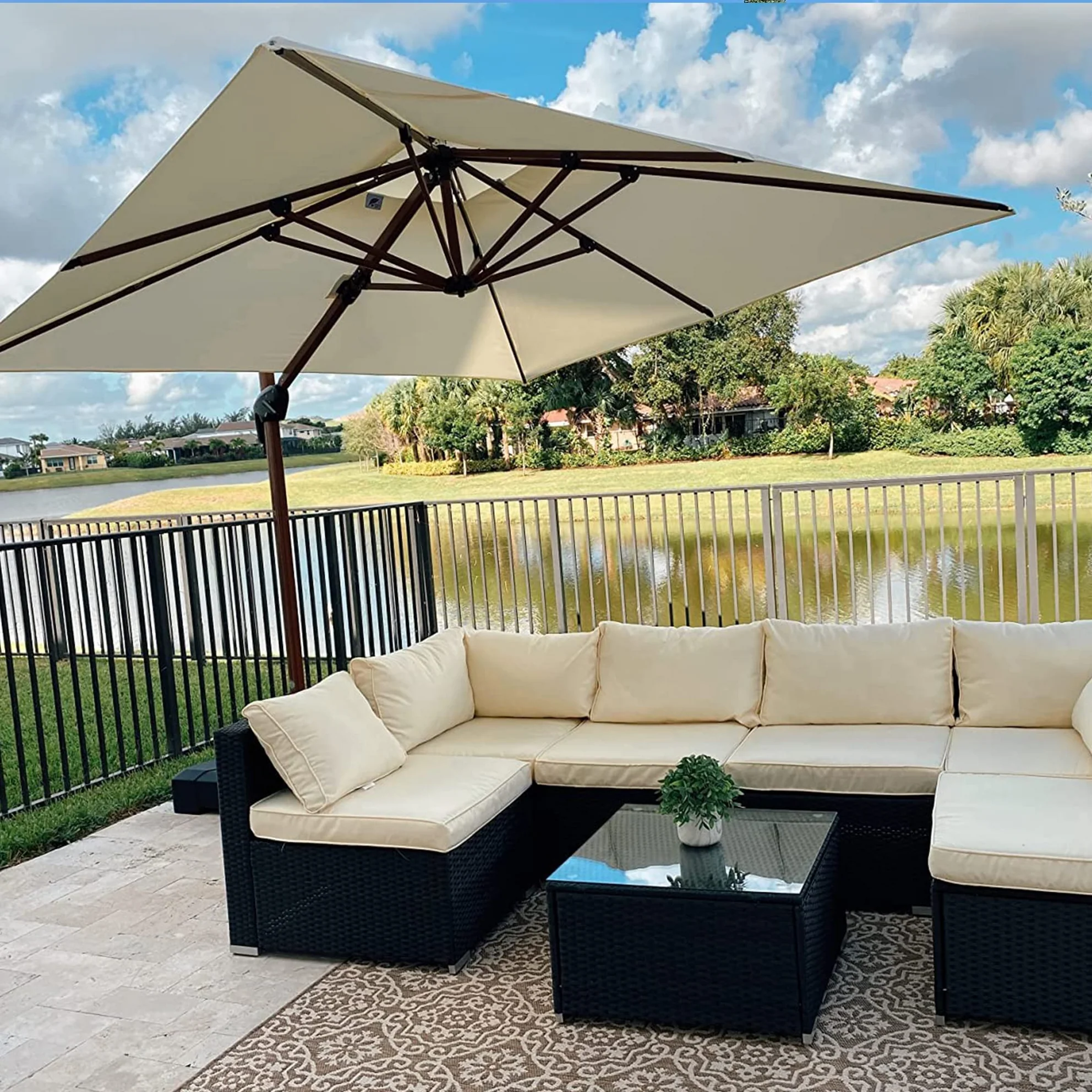 PURPLE LEAF Sombrilla de jardín cuadrada de aluminio con doble techo y acabado en madera