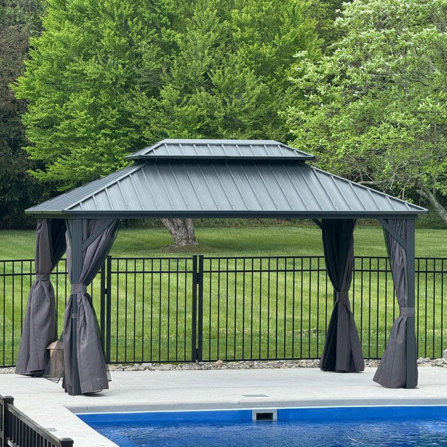 Purple Leaf Cenador de Jardín Estándar Gris, Pérgola de Aluminio con Techo de Acero Galvanizado y Luces de Cadena Con Luz Cálida