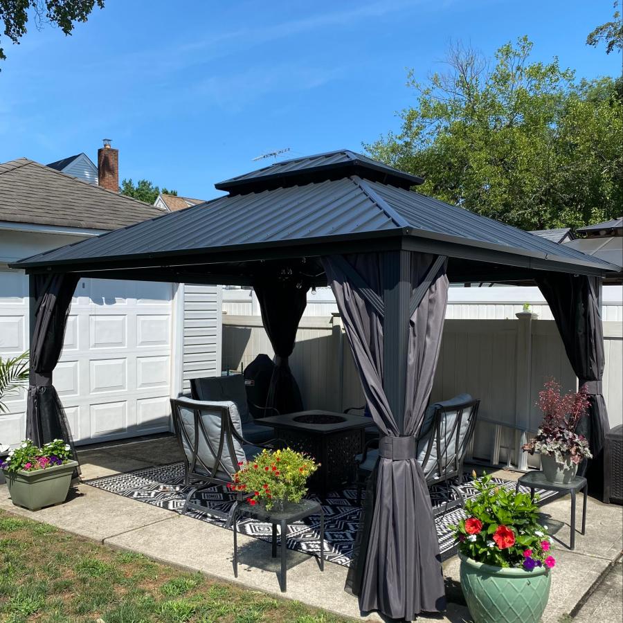 Purple Leaf Cenador de Jardín Estándar Gris, Pérgola de Aluminio con Techo de Acero Galvanizado y Luces de Cadena Con Luz Cálida