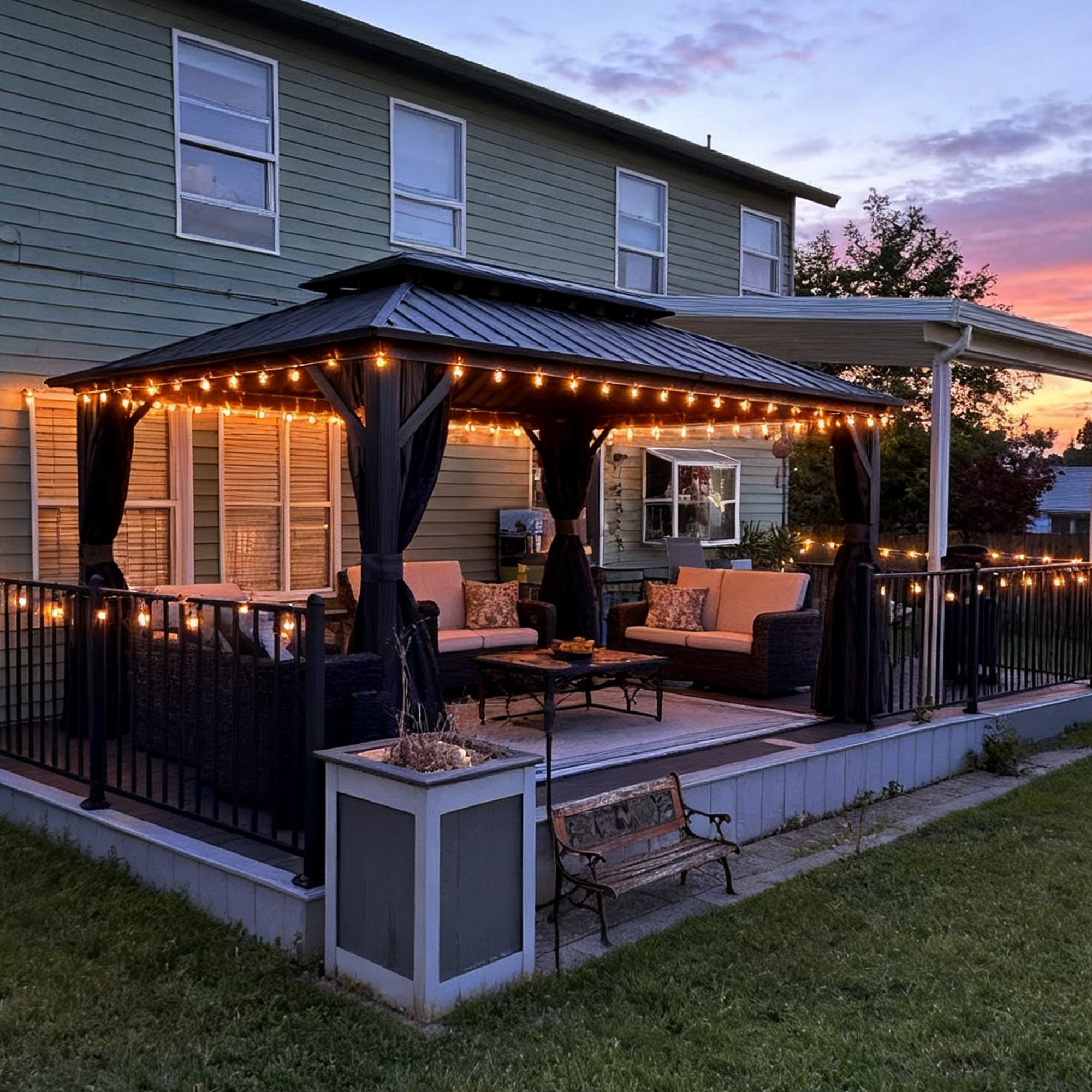Purple Leaf Cenador de Jardín Estándar Gris, Pérgola de Aluminio con Techo de Acero Galvanizado y Luces de Cadena Con Luz Cálida
