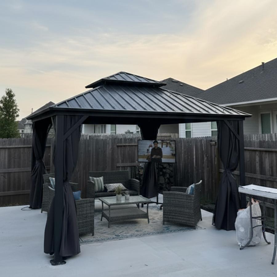 Purple Leaf Cenador de Jardín Estándar Gris, Pérgola de Aluminio con Techo de Acero Galvanizado y Luces de Cadena Con Luz Cálida