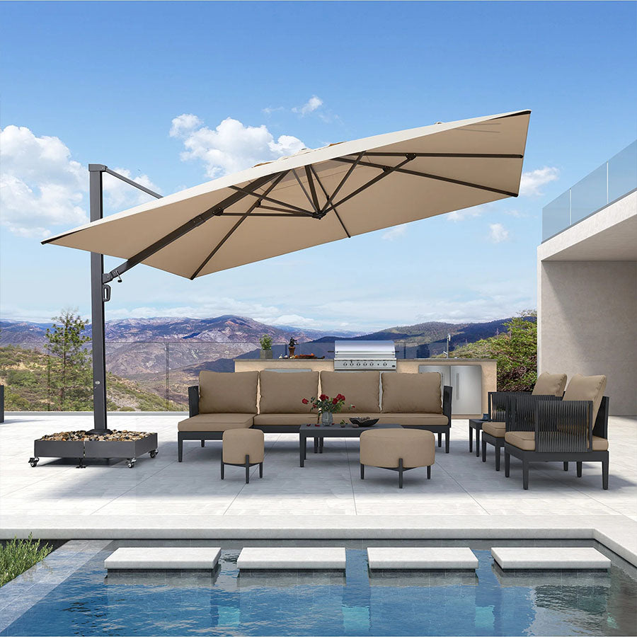 PURPLE LEAF Sombrilla Exterior Extra Grande con Base, Parasol Colgante de Aluminio de Alta Resistencia al Viento, Set Completo para Terraza, Jardín y Hostelería