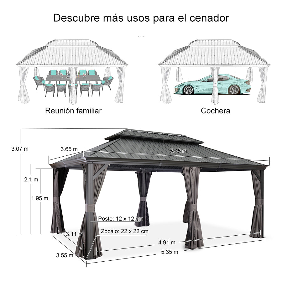 PURPLE LEAF Aluminio Cenador Jardin Cenadores Techo De Acero Galvanizado con Cortinas Y Mosquiteras para Exterior Terraza Gris