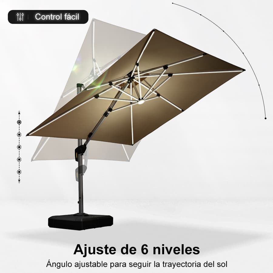 PURPLE LEAF Sombrilla cuadrada de doble cubierta con luces LED solares, ideal para jardín y terraza