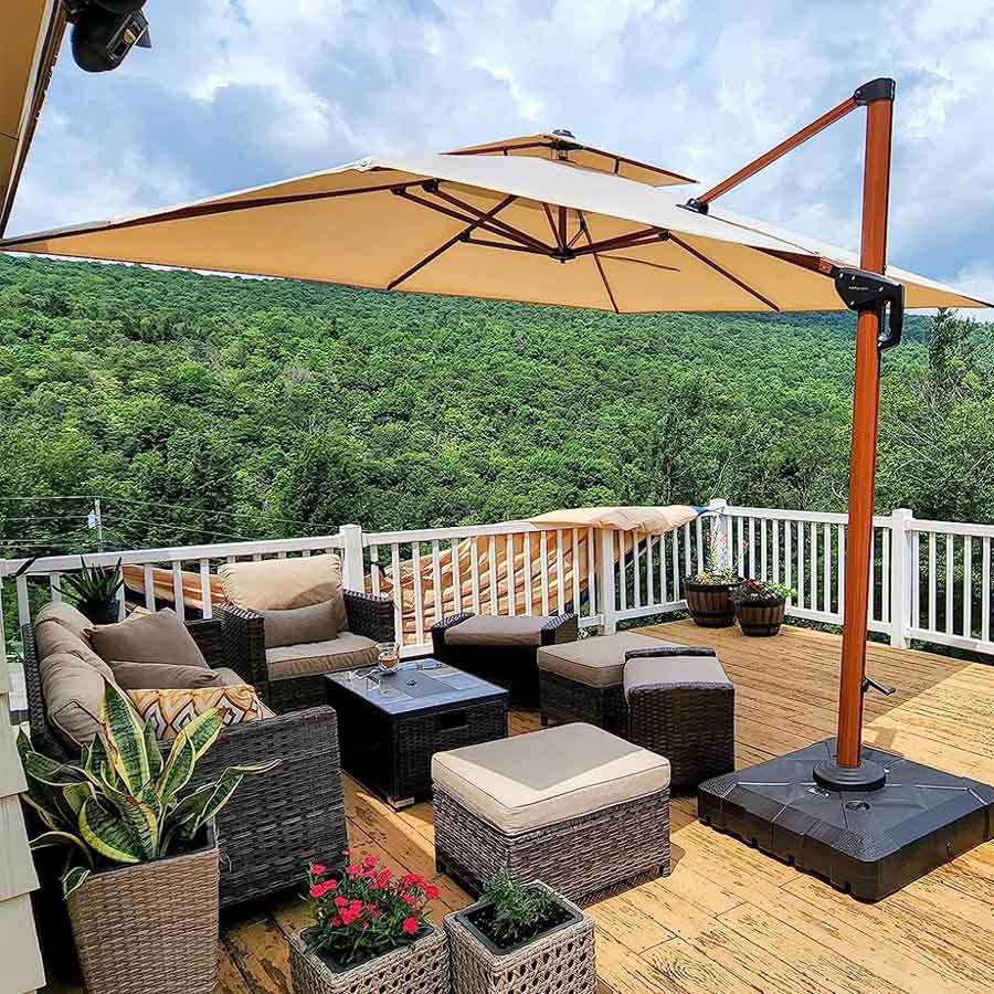PURPLE LEAF Sombrilla de jardín cuadrada de aluminio con doble techo y acabado en madera