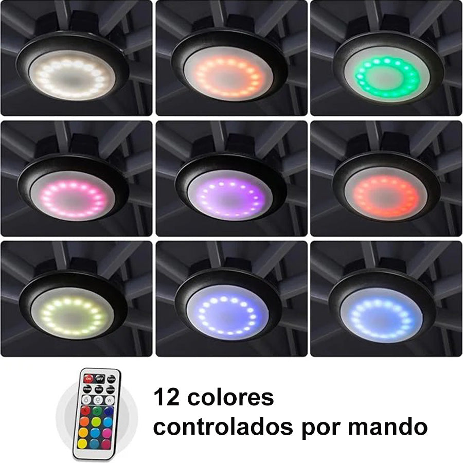 PURPLE LEAF Lámpara para Sombrilla de Jardín con 4 Modos de Luz y 12 Colores, Iluminación LED Recargable por USB o Pilas, para Terraza, Playa, Camping y Fiestas
