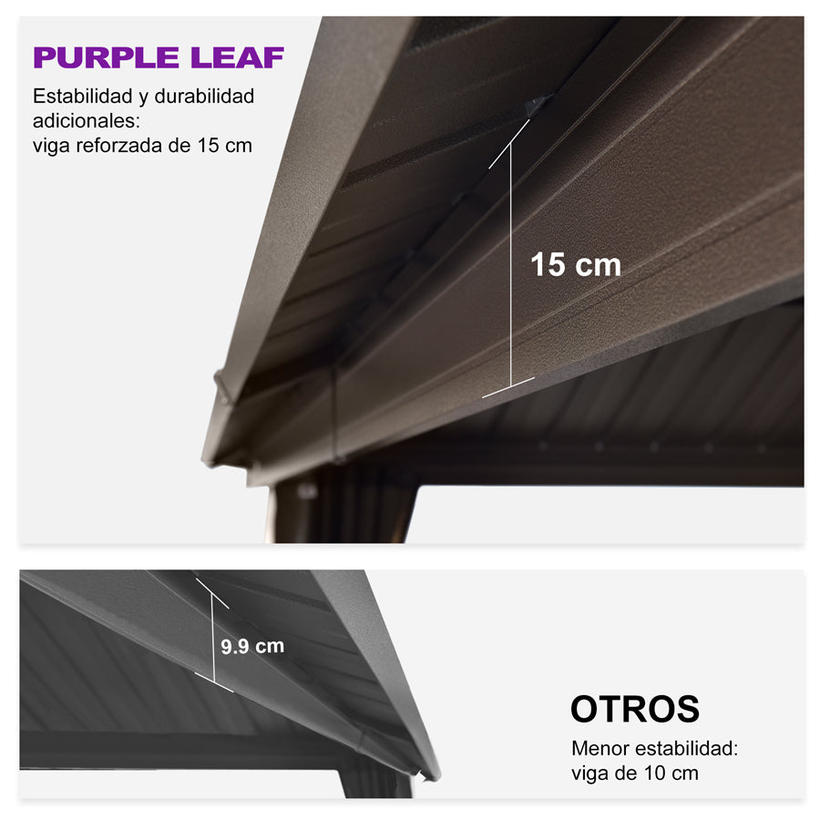 PURPLE LEAF Cenador Premium de Aluminio Color Bronce con Techo de Acero Galvanizado, Cortinas, Mosquiteras e Iluminación LED Neutra (Tulipa Blanco Opalino)