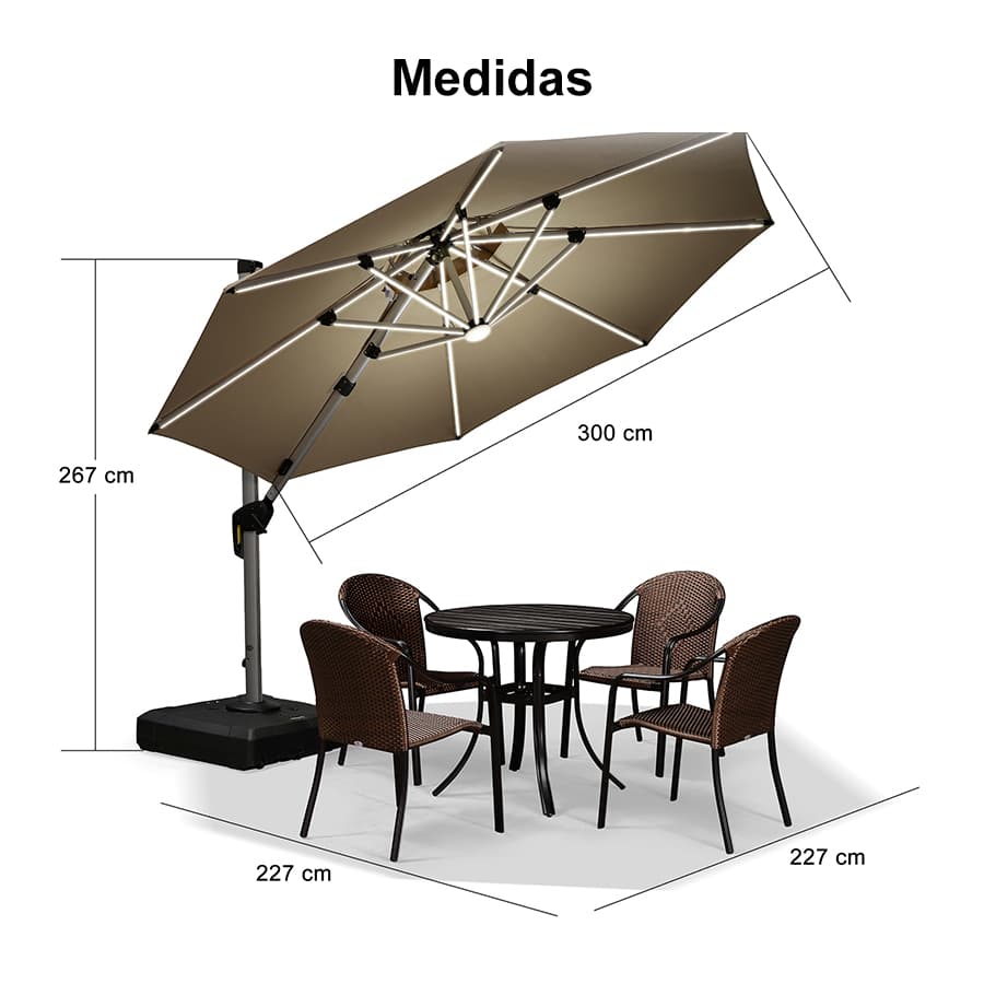 PURPLE LEAF Sombrilla excéntrico redondo con luces LED solares y rotación de 360°, ideal para jardín y terraza