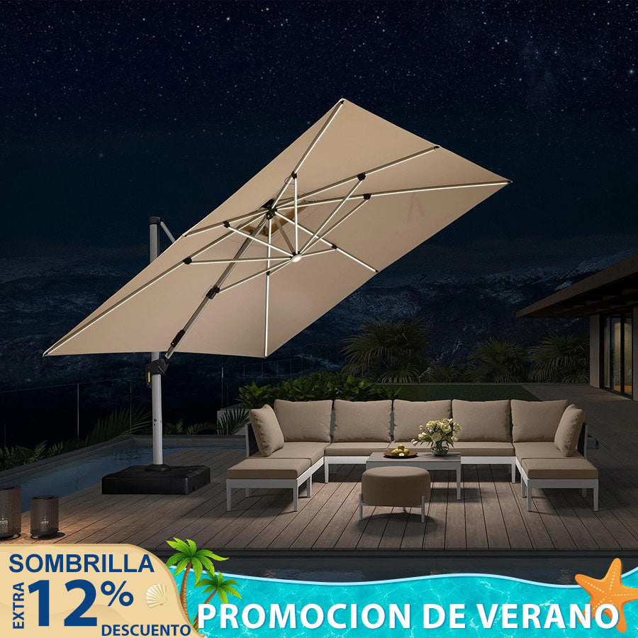 PURPLE LEAF Sombrilla cuadrada de doble cubierta con luces LED solares, ideal para jardín y terraza