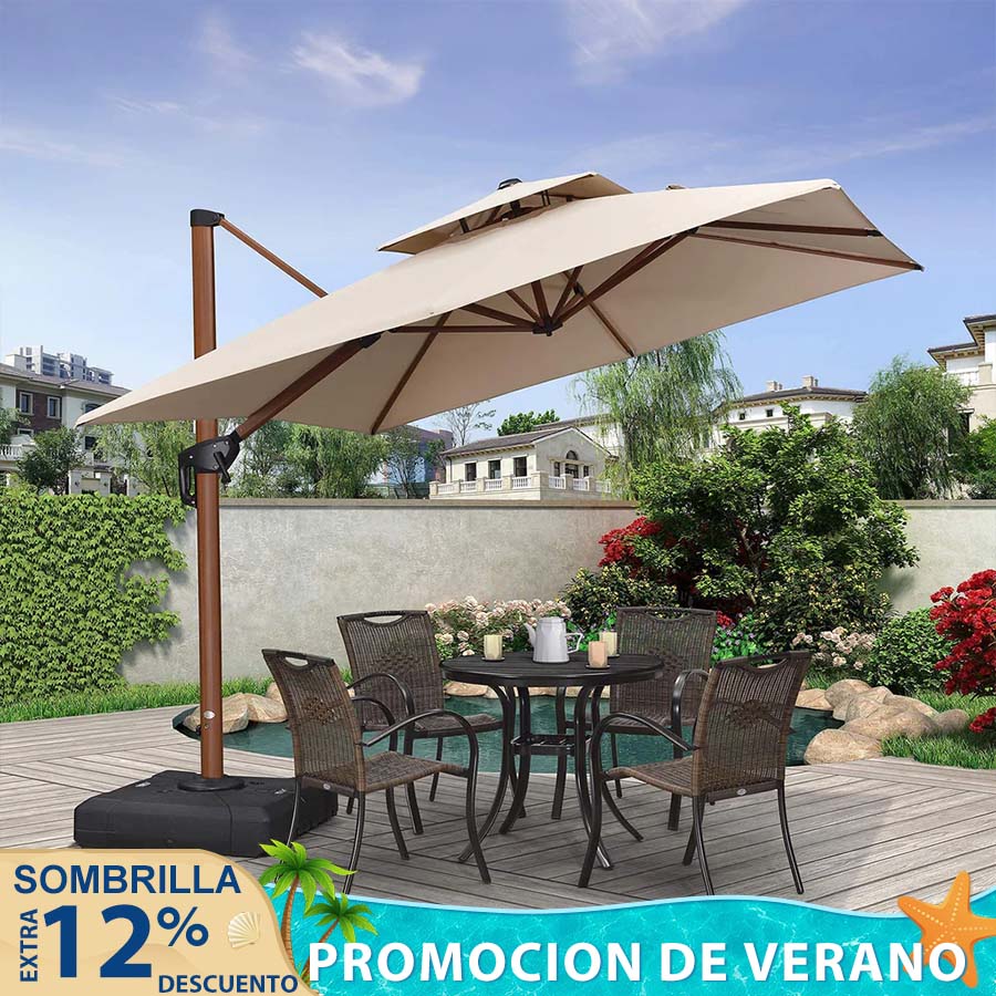 PURPLE LEAF Sombrilla de jardín cuadrada de aluminio efecto madera con doble techo para exteriores