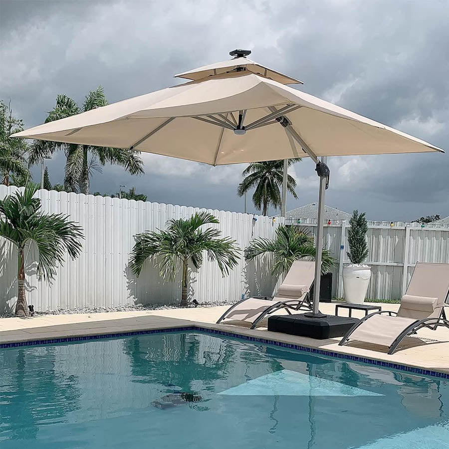 PURPLE LEAF Sombrilla cuadrada de doble cubierta con luces LED solares, ideal para jardín y terraza