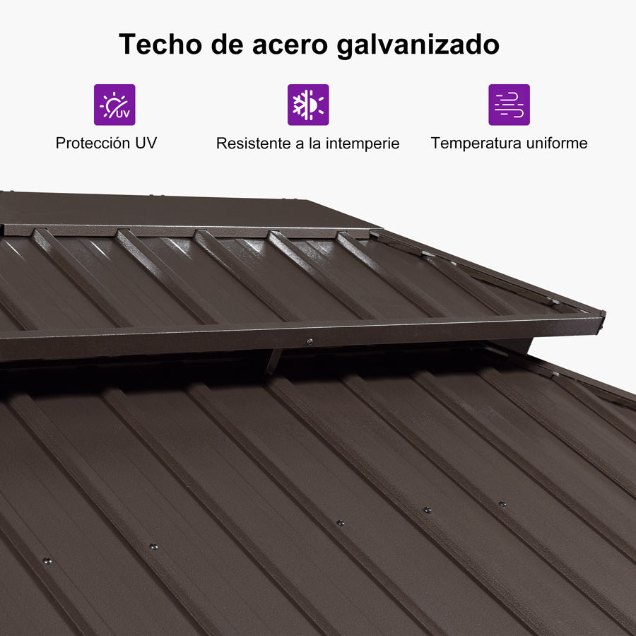 PURPLE LEAF Cenador Premium de Aluminio Color Bronce con Techo de Acero Galvanizado, Cortinas, Mosquiteras e Iluminación LED Neutra (Tulipa Blanco Opalino)