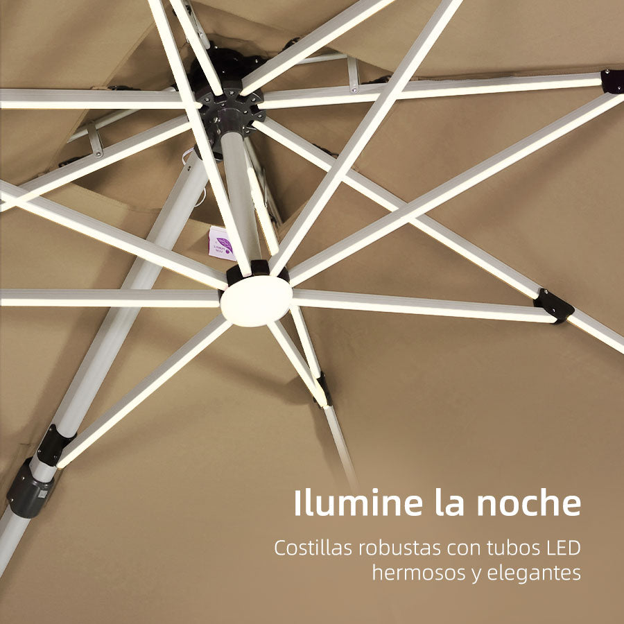 PURPLE LEAF Sombrilla excéntrico redondo con luces LED solares y rotación de 360°, ideal para jardín y terraza