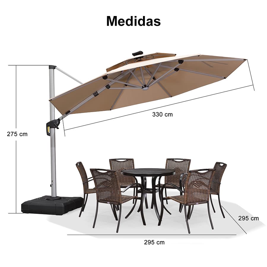 PURPLE LEAF Sombrilla excéntrico redondo con luces LED solares y rotación de 360°, ideal para jardín y terraza