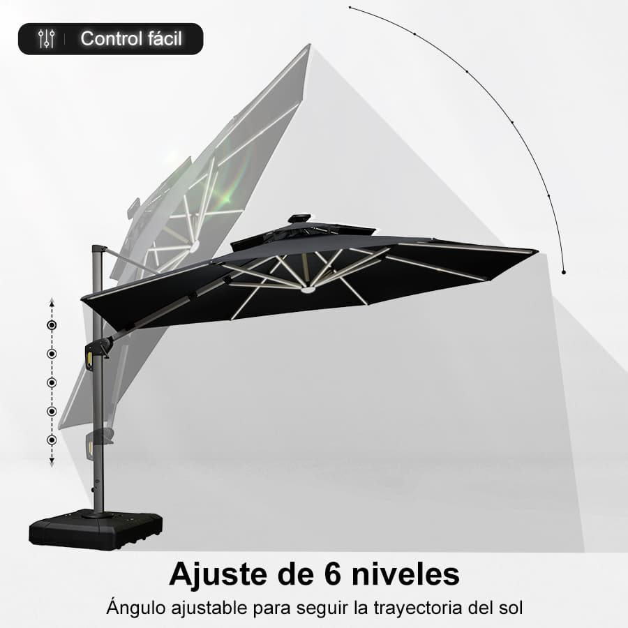 PURPLE LEAF Sombrilla excéntrico redondo con luces LED solares y rotación de 360°, ideal para jardín y terraza