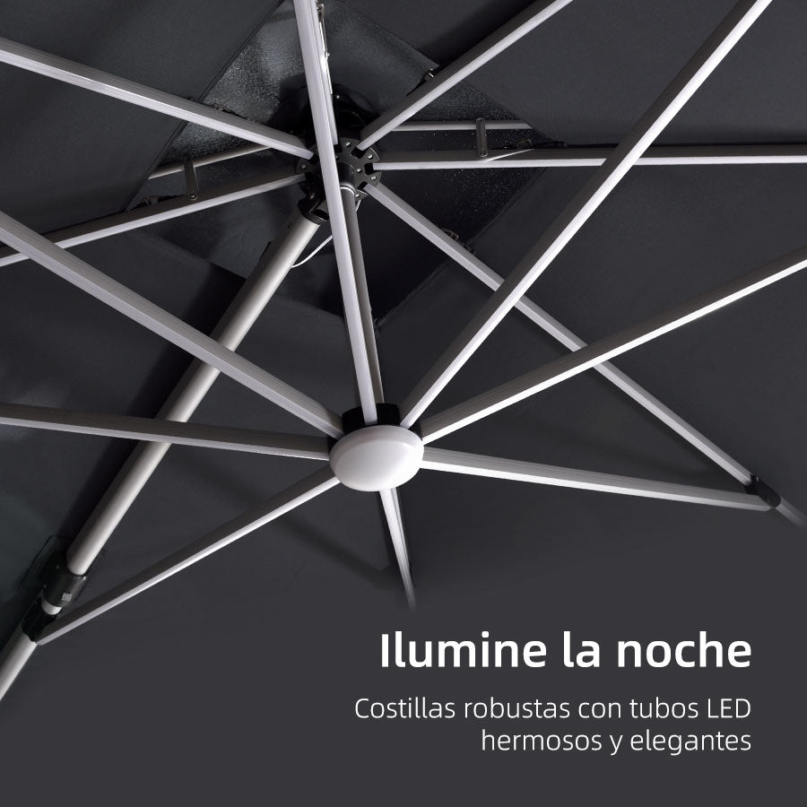 PURPLE LEAF Sombrilla excéntrico redondo con luces LED solares y rotación de 360°, ideal para jardín y terraza