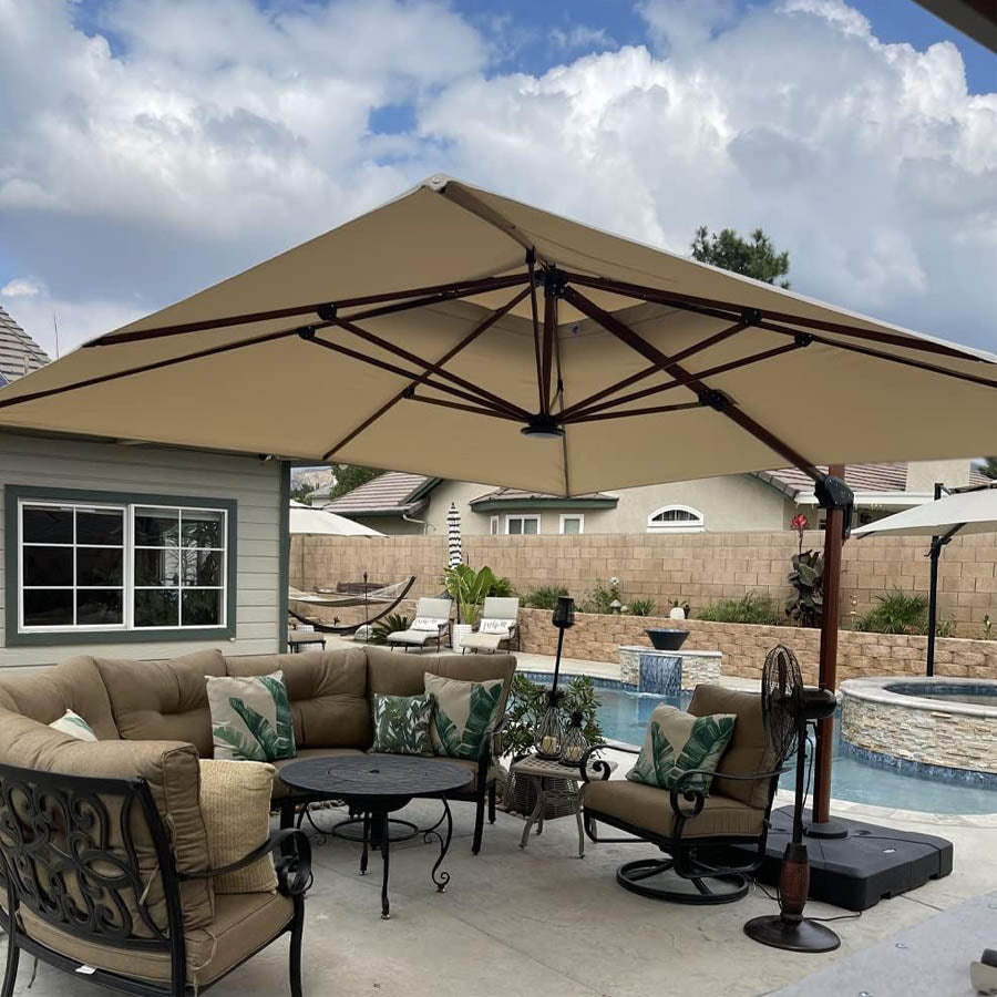 PURPLE LEAF Sombrilla de jardín cuadrada de aluminio efecto madera con doble techo para exteriores