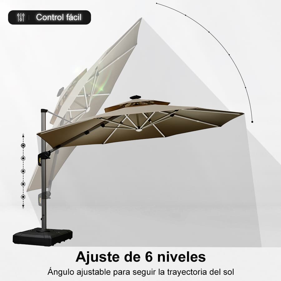 PURPLE LEAF Sombrilla excéntrico redondo con luces LED solares y rotación de 360°, ideal para jardín y terraza