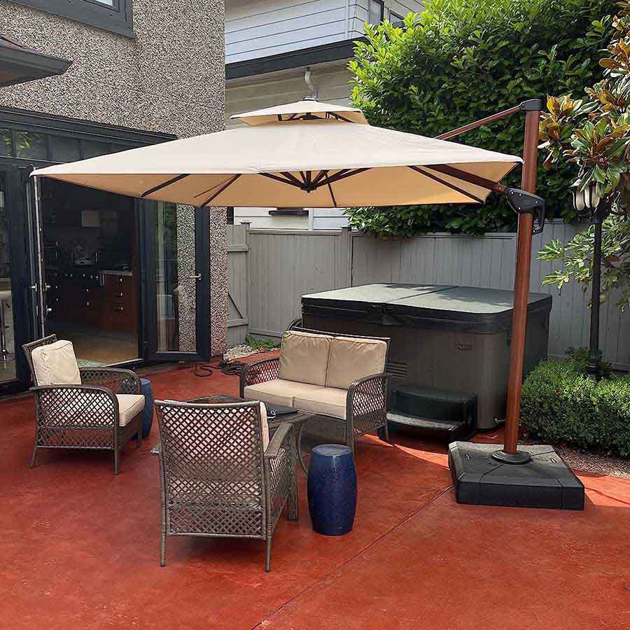 PURPLE LEAF Sombrilla de jardín cuadrada de aluminio con doble techo y acabado en madera