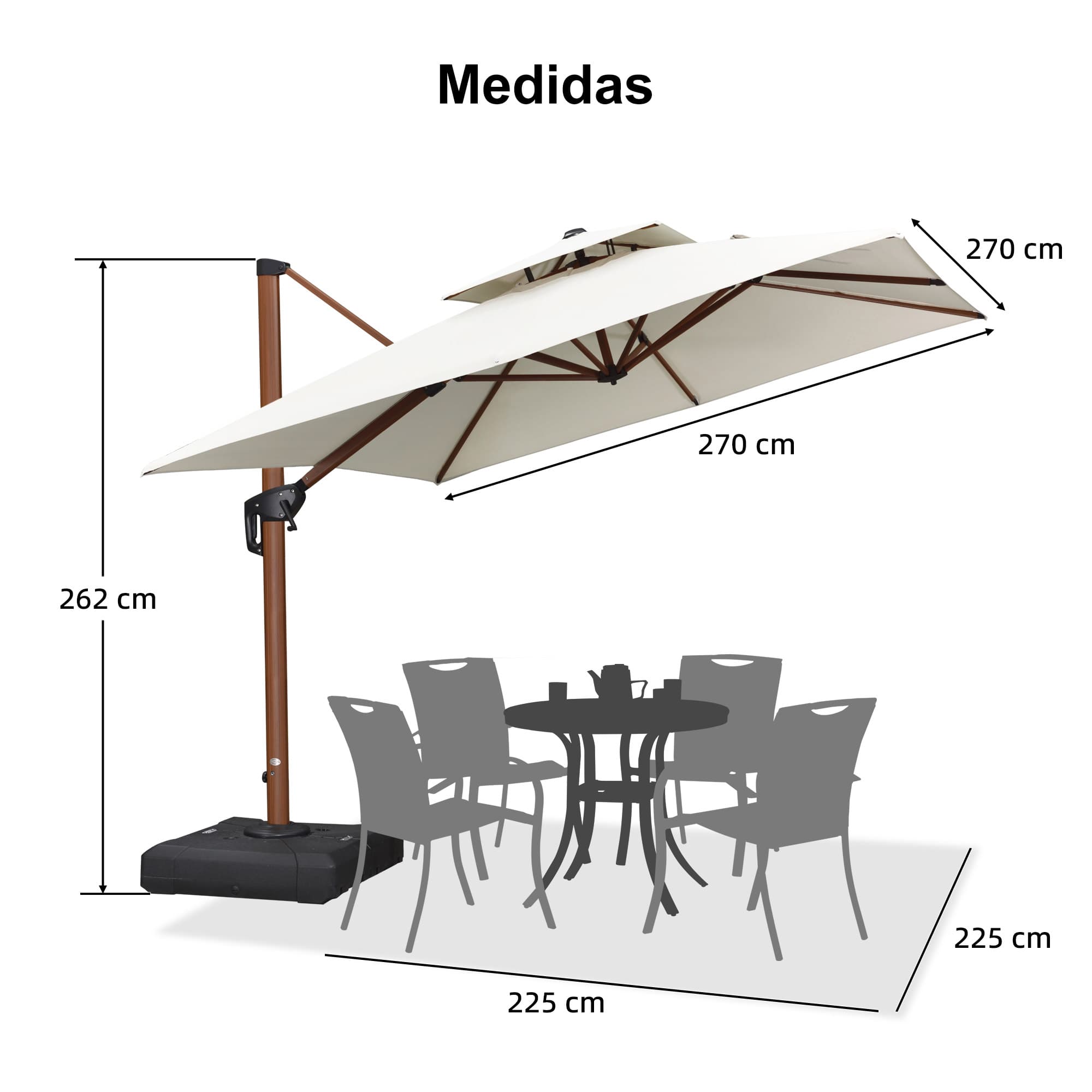 PURPLE LEAF Sombrilla de jardín cuadrada de aluminio efecto madera con doble techo para exteriores