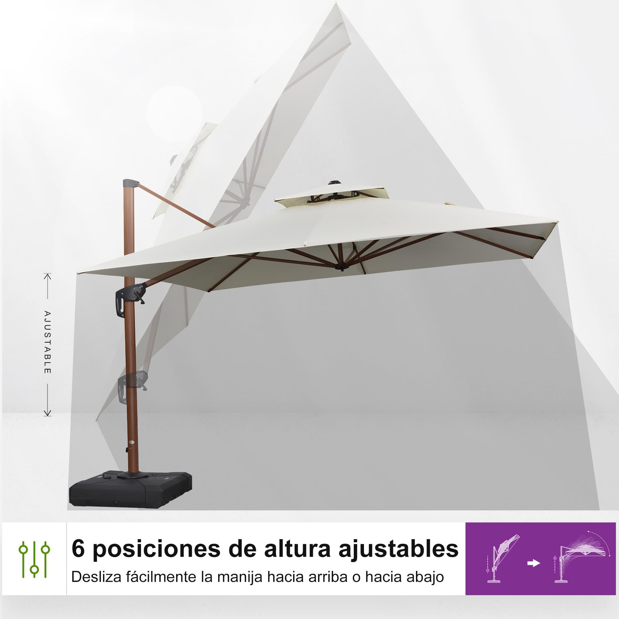 PURPLE LEAF Sombrilla de jardín cuadrada de aluminio efecto madera con doble techo para exteriores