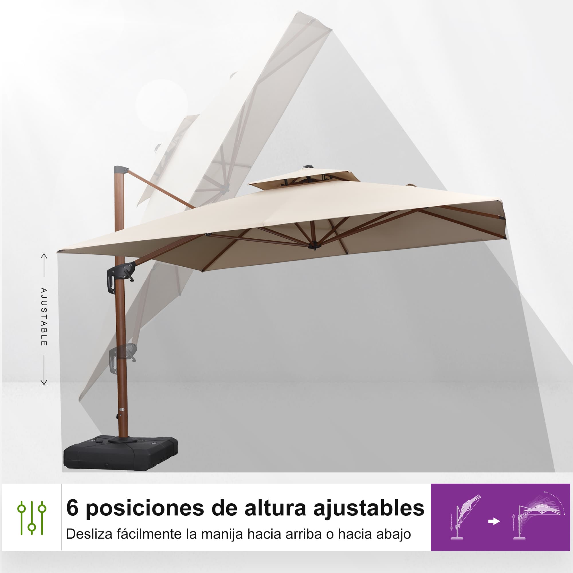 PURPLE LEAF Sombrilla de jardín cuadrada de aluminio efecto madera con doble techo para exteriores