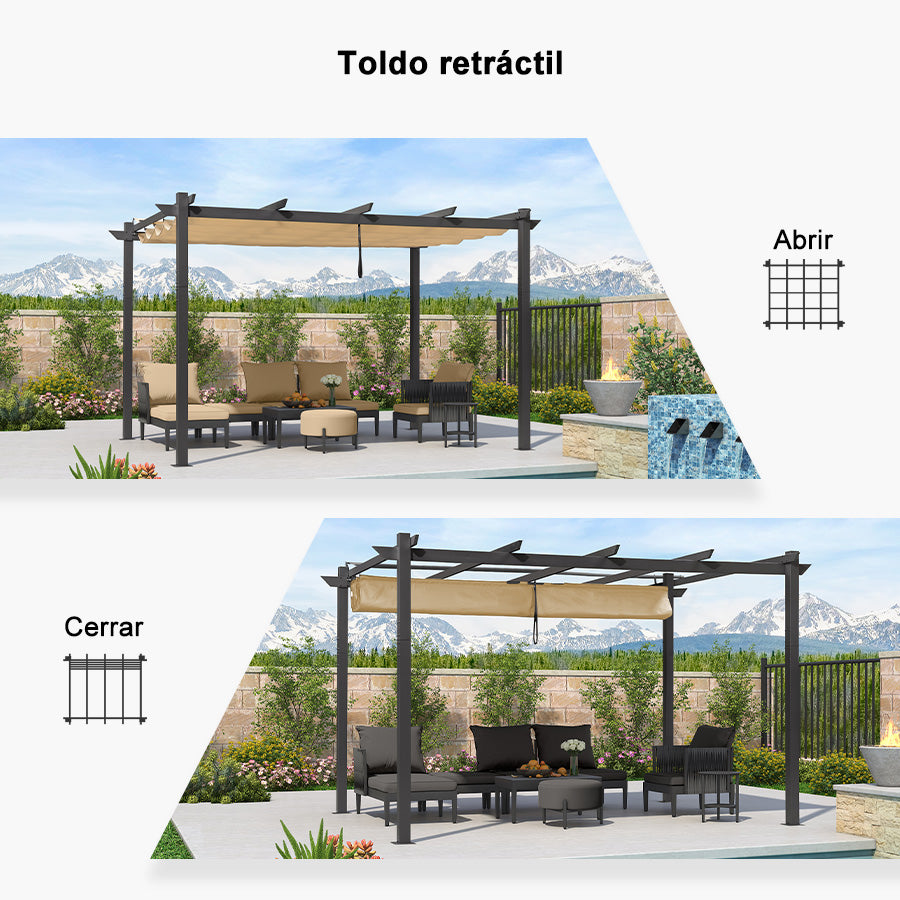 PURPLE LEAF Pérgola retráctil de aluminio para exteriores con techo protector solar, terraza, refugio para el patio trasero, pabellón metálico para barbacoa