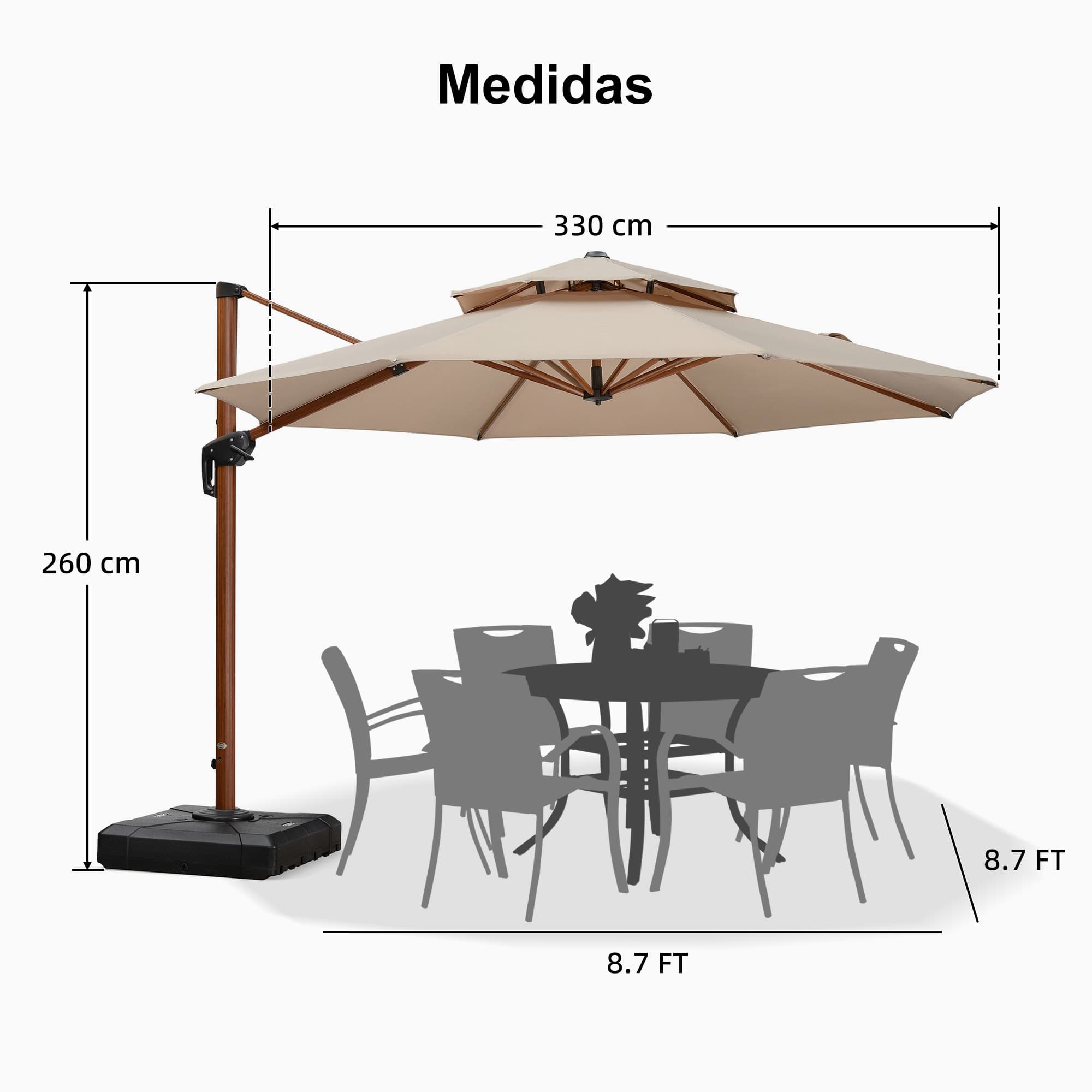 PURPLE LEAF Sombrilla Redonda de Jardín con Doble Techo y Acabado en Madera