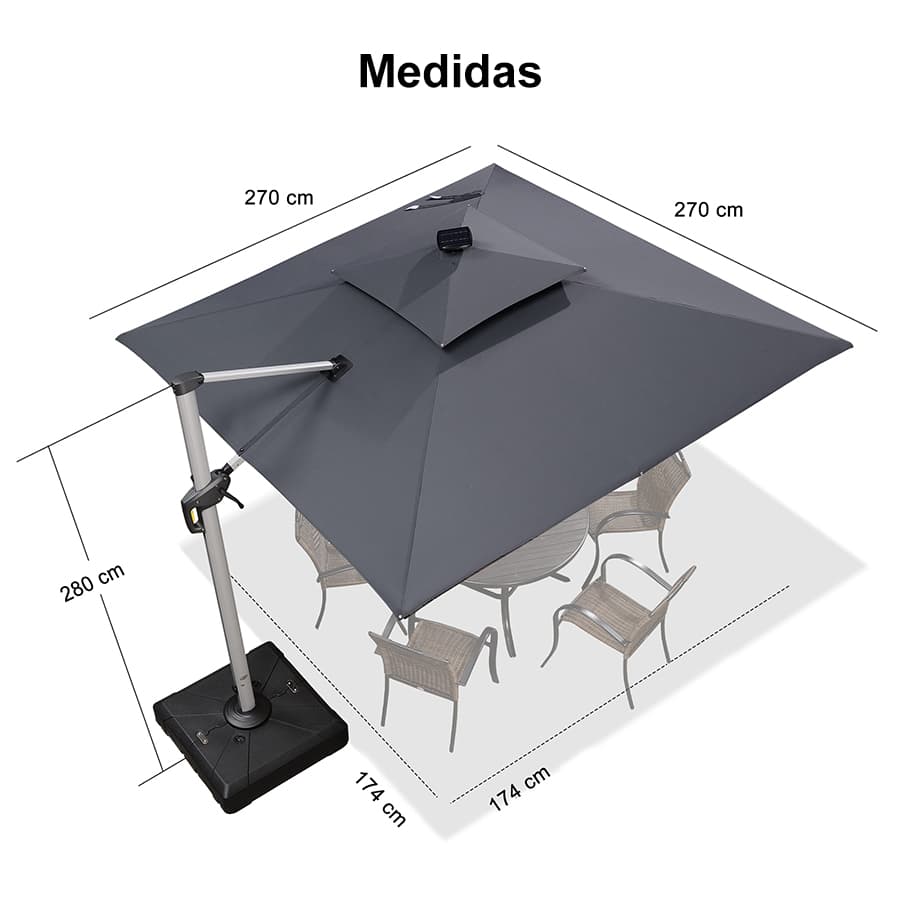 PURPLE LEAF Sombrilla cuadrada de doble cubierta con luces LED solares, ideal para jardín y terraza